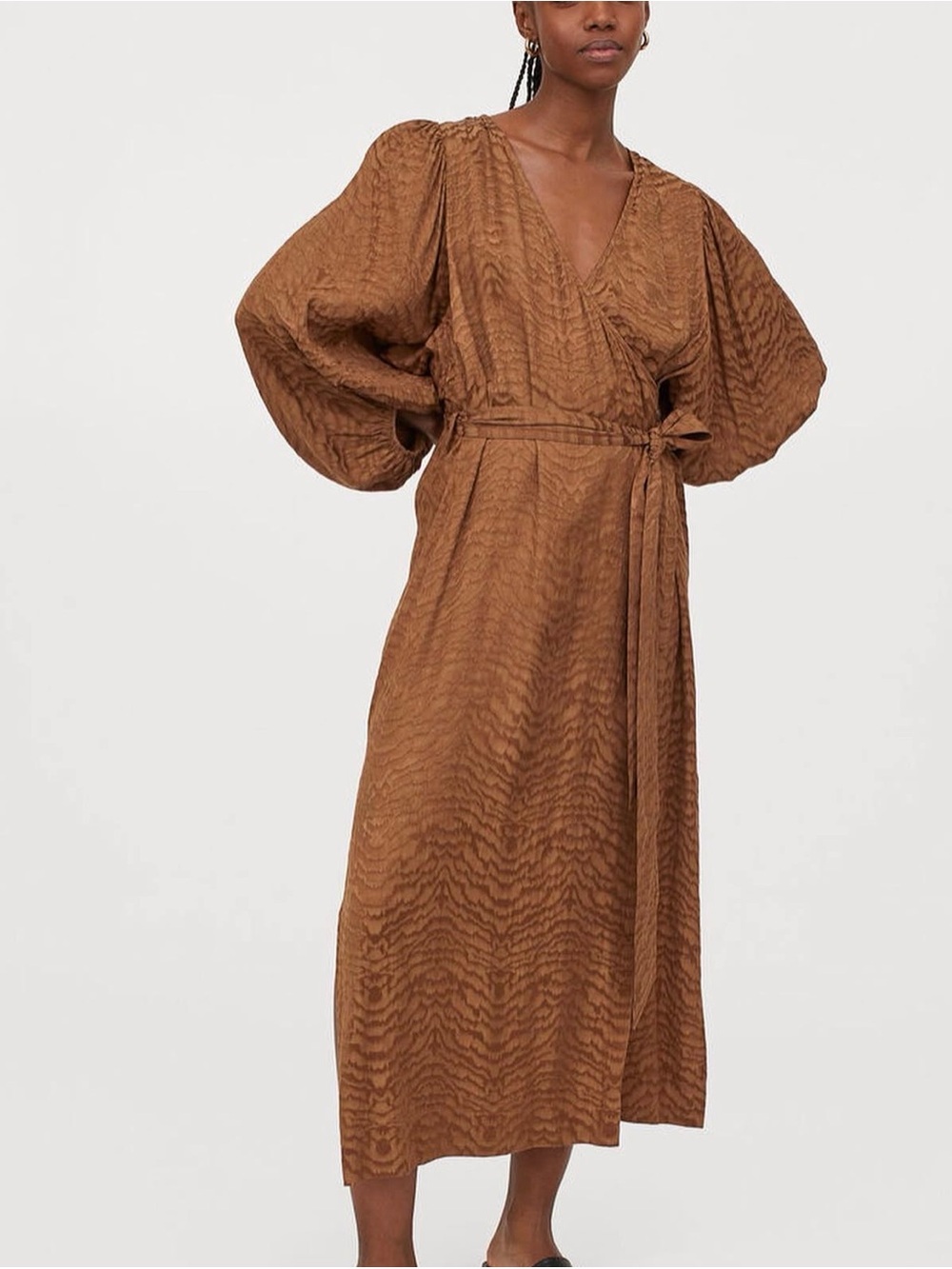 New H&M Wrap Long Sleeve Midi Dress in Caramel